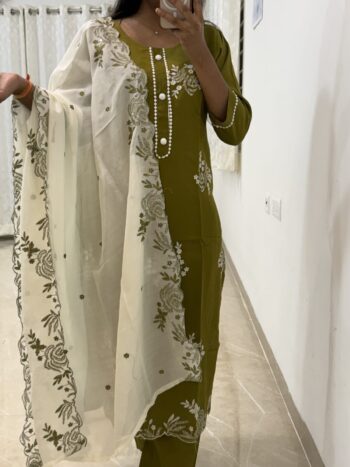 Green and white party wear set