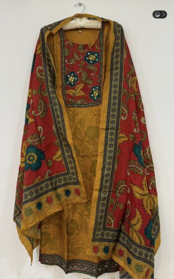 Dola silk Mustard yellow and maroon kalamkari set