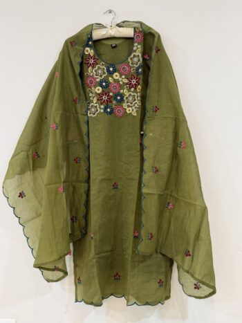 Mehndi green maggam embroidery chanderi set