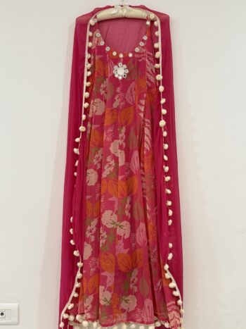 Pink Georgette Pom pom Anarkali(Sleeves Attached)