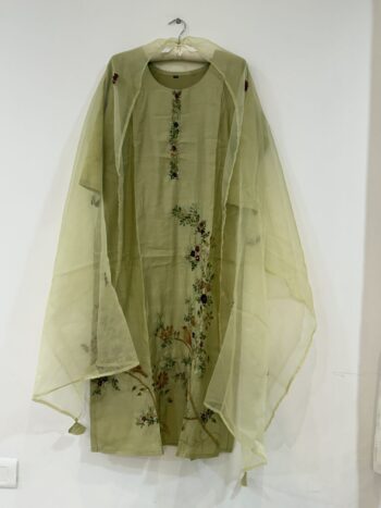 Pista green kantha work Chanderi set