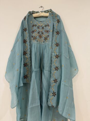 Sea blue Chanderi aline set