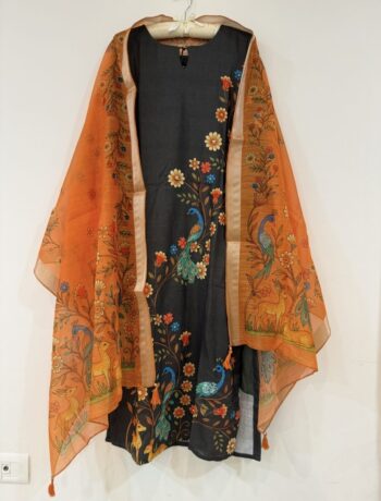 Premium lenin Military green kurtha with orange duppata