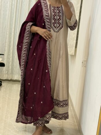 Ivory and maroon vichitra anarkali set